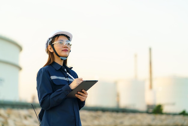 アジアのエンジニアの女性は、デジタルタブレットを介して夕方に石油精製工場のメンテナンスをチェックしています。