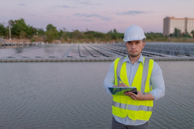 Asian engineer working at Floating solar farmRenewable energyTechnician and investor solar panels checking the panels at solar energy installation