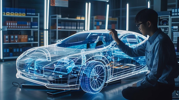 Asian engineer working on a holographic car model