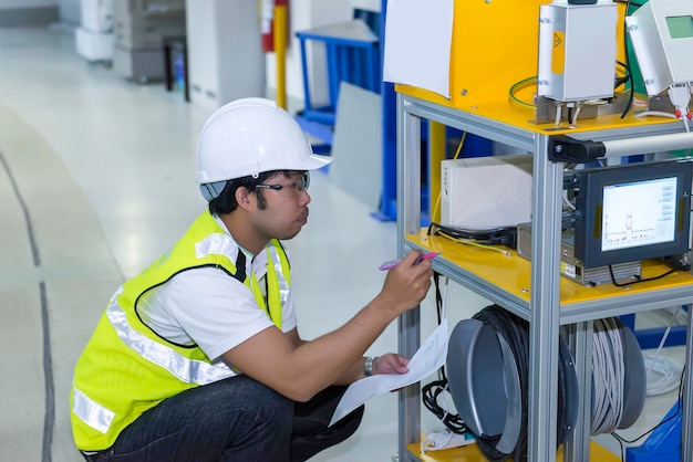 Asian engineer working at Operating hallThailand people wear helmet workHe worked with diligence and patience