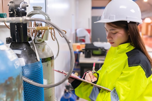 Asian engineer working at Operating hallThailand people wear helmet workHe worked with diligence and patienceshe checked the valve regulator at the hydrogen tank