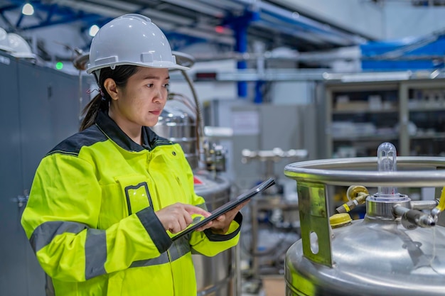 Asian engineer working at Operating hallThailand people wear helmet workHe worked with diligence and patienceshe checked the valve regulator at the hydrogen tank