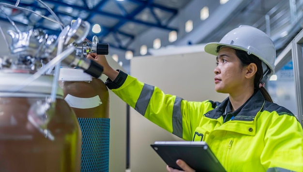 Asian engineer working at Operating hallThailand people wear helmet workHe worked with diligence and patienceshe checked the valve regulator at the hydrogen tank