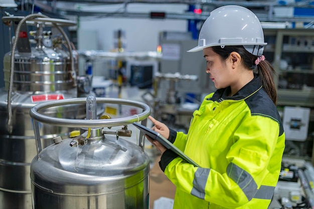 Asian engineer working at Operating hallThailand people wear helmet workHe worked with diligence and patienceshe checked the valve regulator at the hydrogen tank