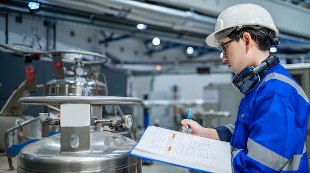 Photo asian engineer working at operating hallthailand people wear helmet workhe worked with diligence and patienceshe checked the valve regulator at the hydrogen tank