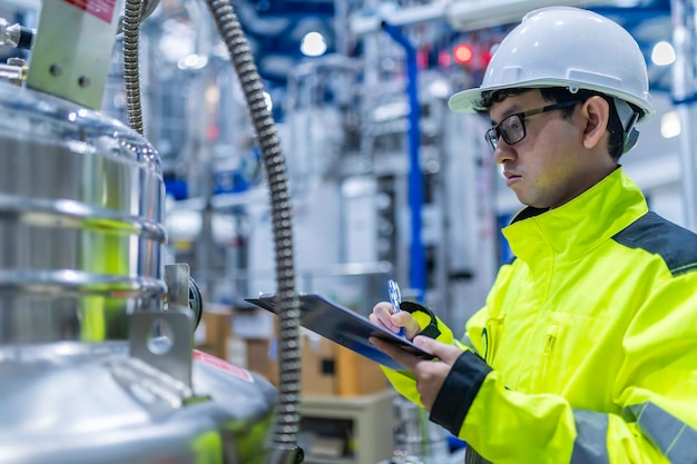 Photo asian engineer working at operating hallthailand people wear helmet workhe worked with diligence and patienceshe checked the valve regulator at the hydrogen tank