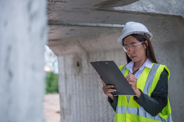 Asian engineer working at site of a large building projectthailand peoplework overtime at construction site