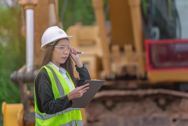 Ingegnere asiatico che lavora nel sito di un grande progetto di costruzionela gente della thailandia fa gli straordinari in cantiere