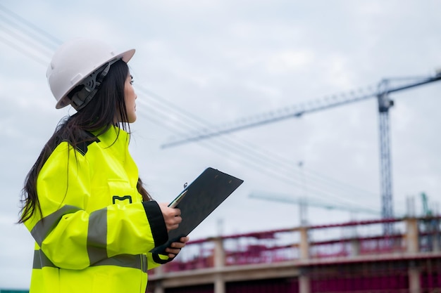 Ingegnere asiatico che lavora nel sito di un grande progetto di costruzionela gente della thailandia fa gli straordinari in cantiere