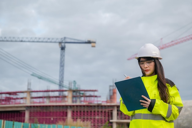 Asian engineer working at site of a large building\
projectthailand peoplework overtime at construction site