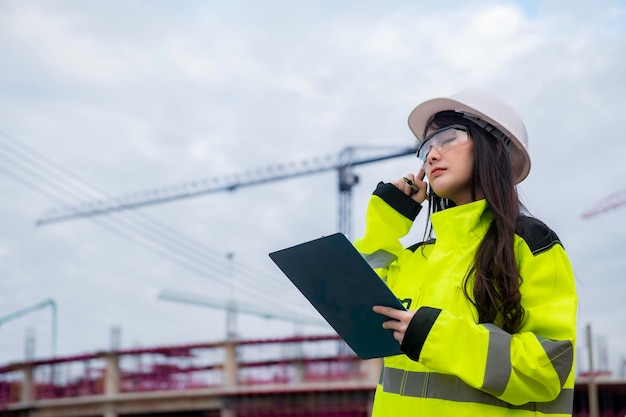 Asian engineer working at site of a large building projectThailand peopleWork overtime at construction site