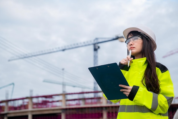 Asian engineer working at site of a large building projectThailand peopleWork overtime at construction site