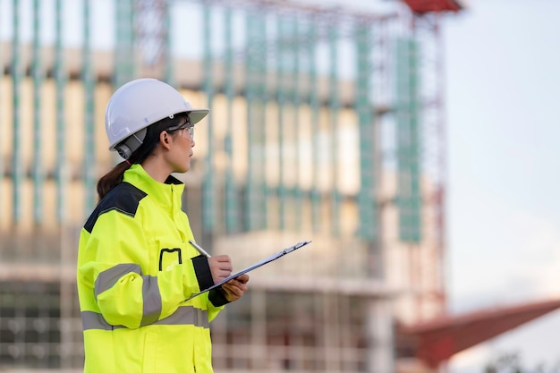 Asian engineer working at site of a large building\
projectthailand peoplework overtime at construction site