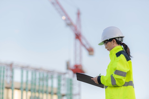 Asian engineer working at site of a large building\
projectthailand peoplework overtime at construction site