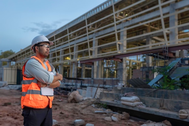 Asian engineer working at site of a large building projectThailand peopleWork overtime at construction site