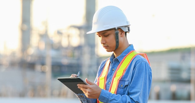 Asian engineering working inside oil and gas refinery plant