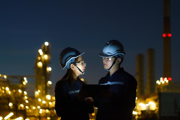 Asian engineers, man and woman are checking the maintenance of the oil refinery factory at night via digital tablets.