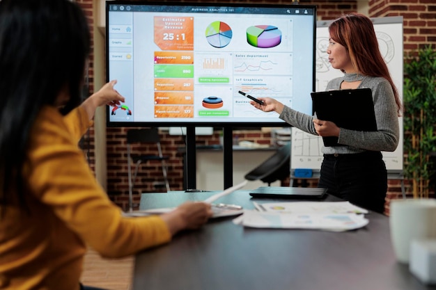 Asian entrepreneur sitting beside monitor showing marketing graphs brainstorming ideas for partnership project. Management team discussing company strategy working in startup office. Modern workplace