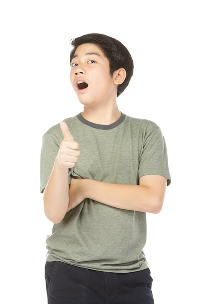 Asian excited boy in green-shirt giving thumbs-up.