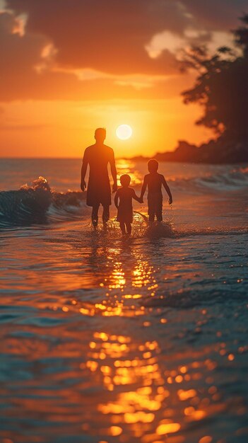 Asian families vacation to tropical islands and enjoy a wonderful outdoor lifestyle relaxing and having fun together while the sun sets over the water