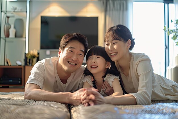 Photo asian family bonding at home watching tv and relaxing