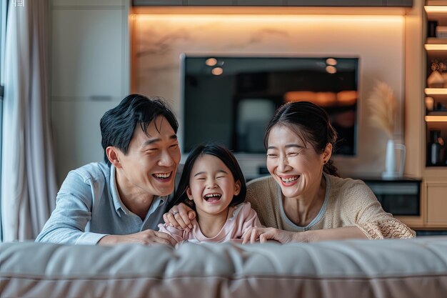 Photo asian family bonding at home watching tv and relaxing
