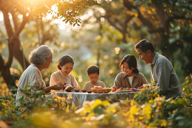 Photo asian family consisting of several generations enjoying picnic at spring day in the park