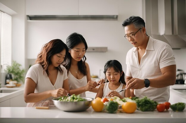 アジアの家族が料理を作り、家族の時間を共有する