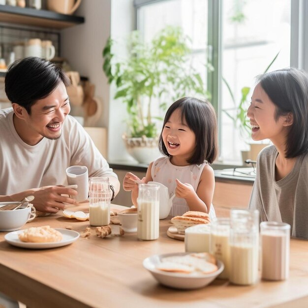 アジアの家族が居心地の良いキッチンで朝食を楽しんで ⁇ テーブルに座って牛乳を飲んでいる娘 ⁇ 