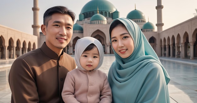 Photo asian family in front of mosque