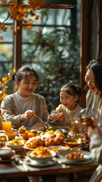 Foto famiglia asiatica a cena di natale.