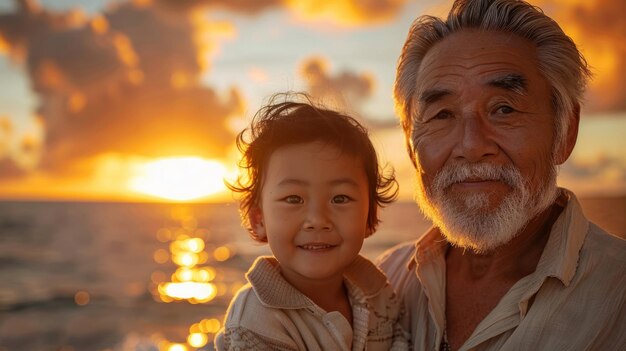 Фото Азиатский семейный портрет и улыбка мальчика на отдыхе на пляже с бабушкой и дедушкой в восторге на тропическом острове