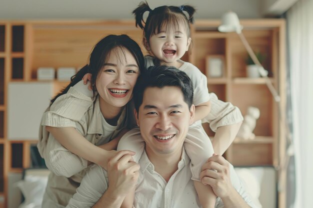 Photo an asian family rejoices at home with their little daughter daddy and mom hold the child in their arms and smile at each other