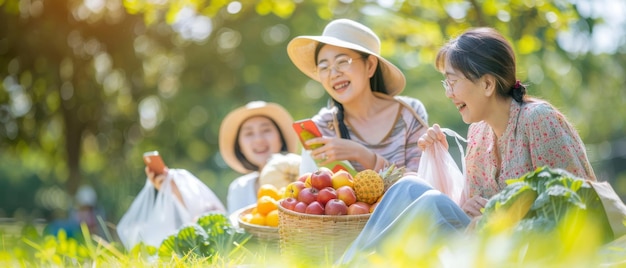 Photo asian family taking selfie using mobile phone outdoors in park with three generations sitting on grass