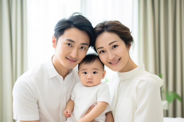 Asian Family of Three Smiles Love and Togetherness with Adorable Baby