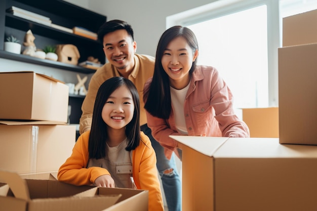 Asian family unpacking boxes in their new house Real state and move concept