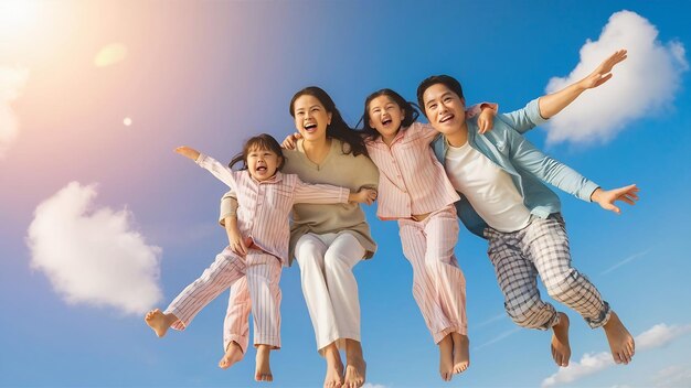 Asian family vacation holidayhappy family parents holding children flying in the sky