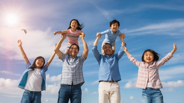 Photo asian family vacation holidayhappy family parents holding children flying in the sky