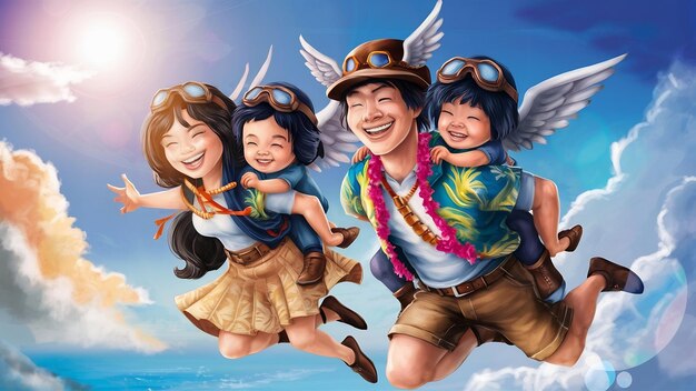 Photo asian family vacation holidayhappy family parents holding children flying in the sky