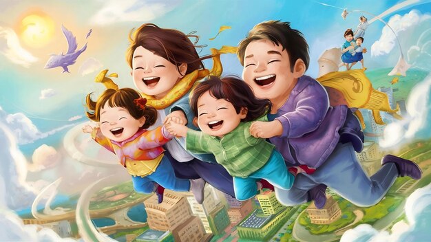 Asian family vacation holidayhappy family parents holding children flying in the sky