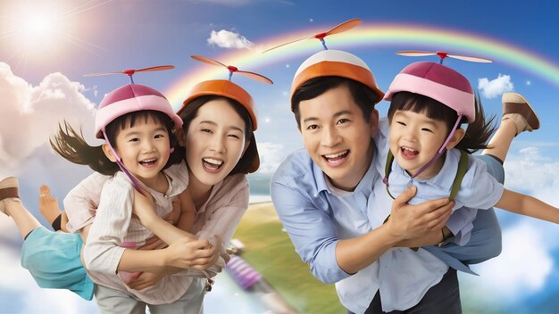 Photo asian family vacation holidayhappy family parents holding children flying in the sky