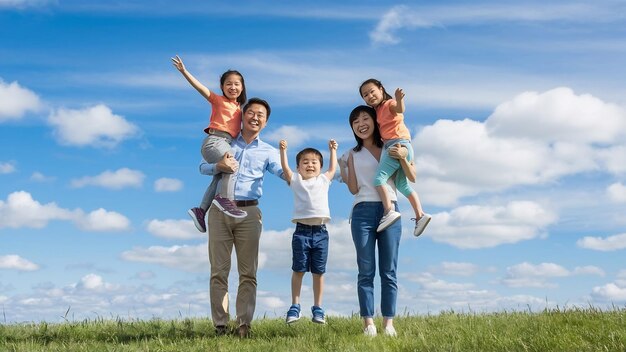 Photo asian family vacation holidayhappy family parents holding children flying in the sky