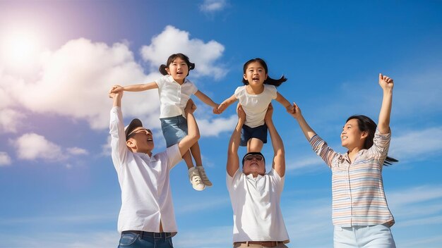 Asian family vacation holidayhappy family parents holding children flying in the sky