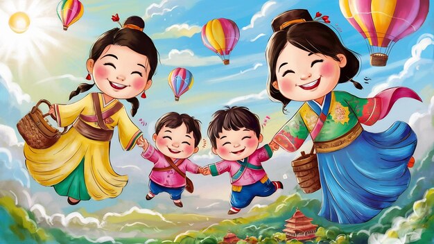 Asian family vacation holidayhappy family parents holding children flying in the sky