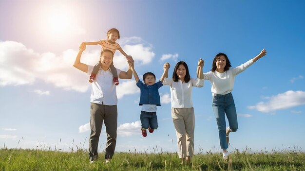 Photo asian family vacation holidayhappy family parents holding children flying in the sky