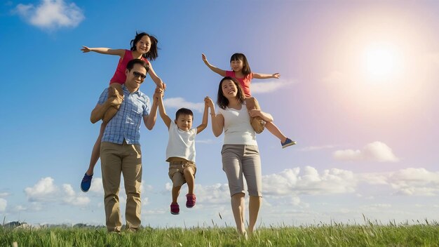 Photo asian family vacation holidayhappy family parents holding children flying in the sky