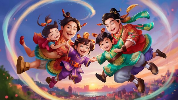 Asian family vacation holidayhappy family parents holding children flying in the sky