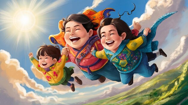 Photo asian family vacation holidayhappy family parents holding children flying in the sky