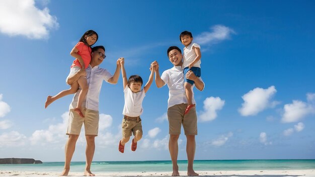 Photo asian family vacation holidayhappy family parents holding children flying in the sky