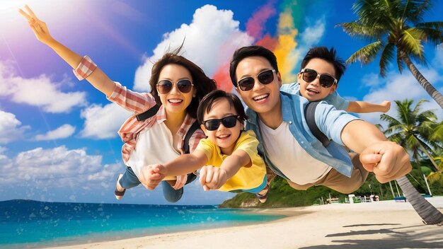 Photo asian family vacation holidayhappy family parents holding children flying in the sky